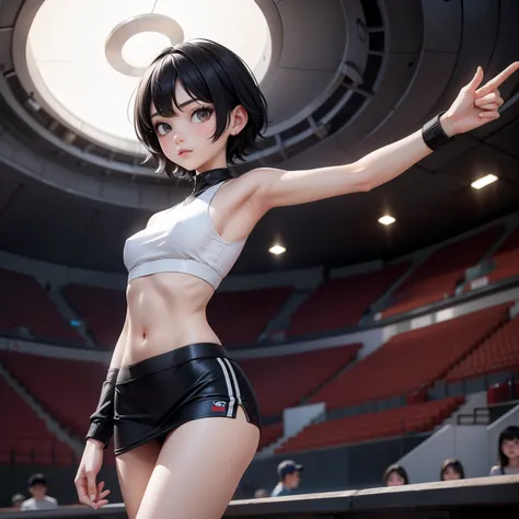 korean girl, short black hair, tomboy, dark circles, very pale skin,  body, skinny, skinny body, super slim, tiny breasts, flat breasts, skinny legs, thin legs, cheerleader, old stadium, horror scene, lighting cinematic, tired, night