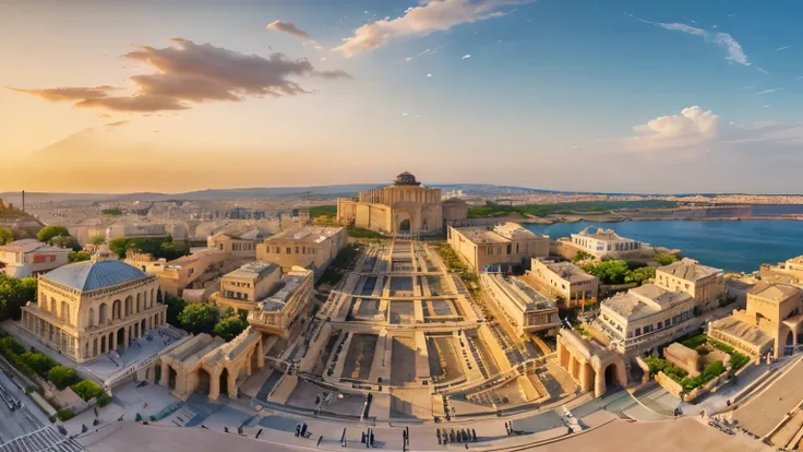 panoramic image of a huge ancient Greek city in its heyday,illustration,monumental architecture, bustling streets,marketplace celebration,bustling port,radiant sunlight,golden sunset,imposing city walls,magnificent temples,ornate sculptures,elaborate colum...