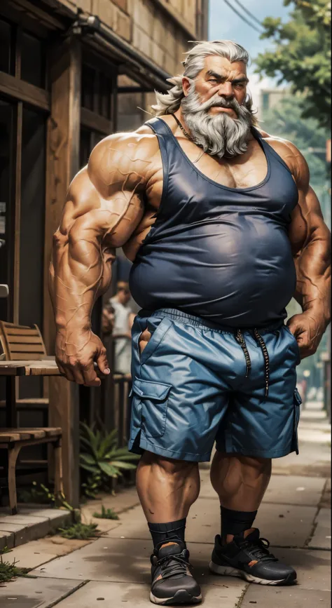 chubby old man in , old man, thick arm, huge arm, bearded. white hair and beard, bearded, muscular, pectoral, wide pectoral, realistic, 8k, masterpiece, (wearing shorts and tank top, shoes)