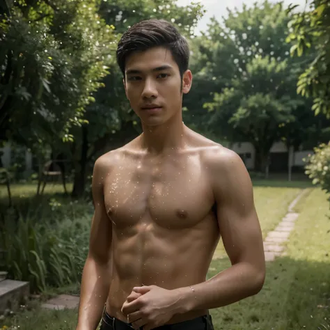 (best quality,4k,highres,masterpiece:1.2), ultra-detailed, realistic:1.37, HDR,1boy,solo,asian young man,skinny,3 days beard,twink,normal body, take a shower outside , country house