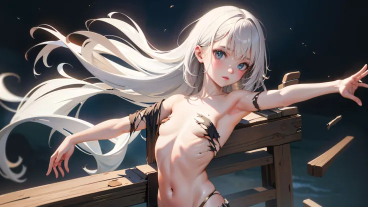 a cute naked girl wearing torn clothes standing in middle of the boat, masterpiece, textured skin, super detail, high details, high quality, 8k