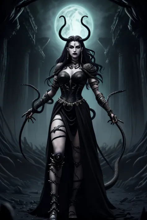 A full-body image of an character inspired by Medusa, warrior, mythology, female, god, wearing a black dress, effects in the background, dark, venomous snake, creative effects, from the underground