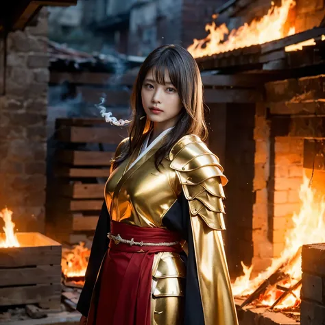 (((Realistic, masterpiece, best quality, crisp detail, high definition, high detail, sharp focus, perfect studio lightning))), 20 years old assassin, kasumi arimura, wearing (((fully decorated golden armor, armored kimono))), dirty, sweating, blood scatter...