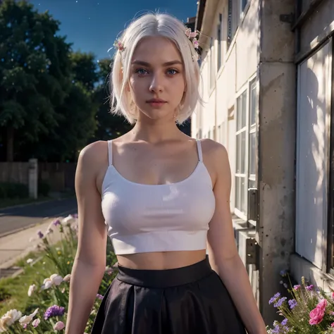 realistic, 1girl, white hair, purple eyes, glowing eyes, crop top, skirt, parted lips, blush, night, flowers, sun, sunlight,