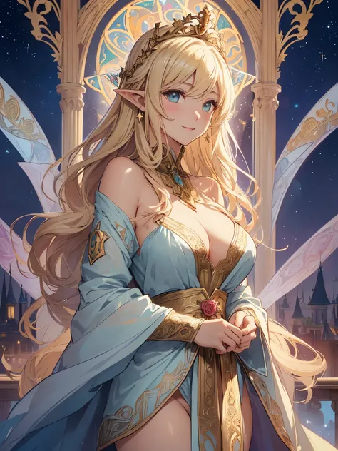 highest quality、Highest image quality、masterpiece、beautiful profile、、Titania、Super beautiful elf beauty((22 years old OL big bust、bust 90,beautiful long ironed hair、blonde、Height: 165cm。slender、sexy、Esbian、beautiful tiara、night、High quality、美しいart、backgrou...