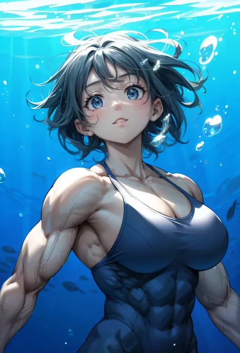 ,best quality,biceps,1 girl, woman,,fair,,swimsuit,muscular shoulders,muscular woman, Alternative muscle size, underwater,Upper body,