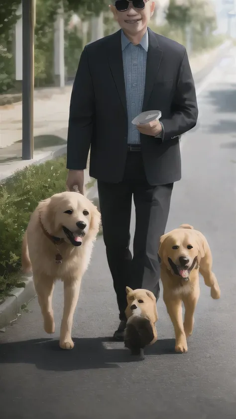 4K,An old blind man from Taiwan, China wearing sunglasses，Carefully walking on the road holding a cute fluffy golden retriever guide dog ,,Beautiful and detailed body , Astonishing , best quality , Light and shadow effects,