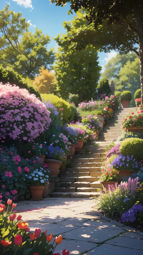 A colorful summer garden, filled with blooming flowers and vibrant greenery, surrounded by a white picket fence. The garden is teeming with life, as butterflies flutter around and bees buzz from flower to flower. The sun shines brightly, casting warm rays ...