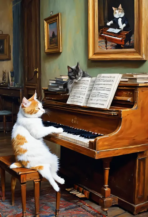 painting of a playing a piano with a cat, cat [ playing a piano J, ultra humorous oil painting, cat masterpiece, oil painting style, very humorous oil painting, amazing composition, in a oil painting
style, incredible painting, realistic painting style, am...