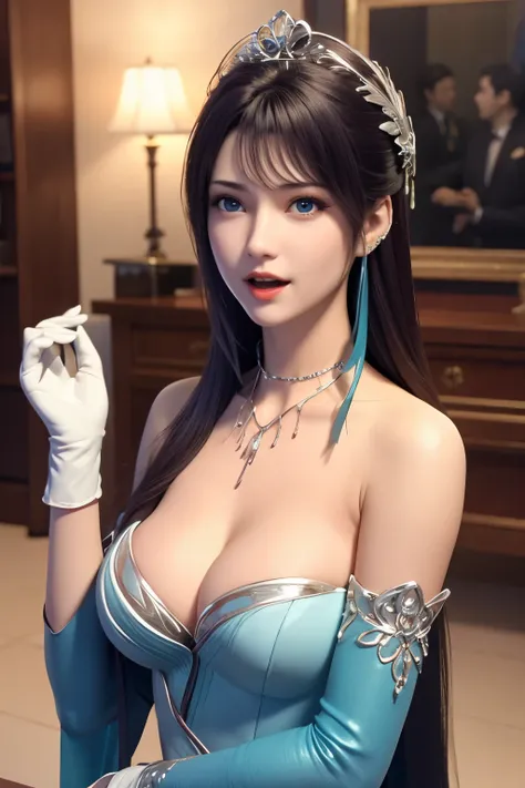 sagisawa fumika, 1girl, solo, watch, pendant watch, blue eyes, breasts, gloves, tiara, dress, long hair, cleavage, looking at viewer, white gloves, bare shoulders, open mouth, large breasts, strapless, choker, blush, white dress, black hair, brown hair, ha...