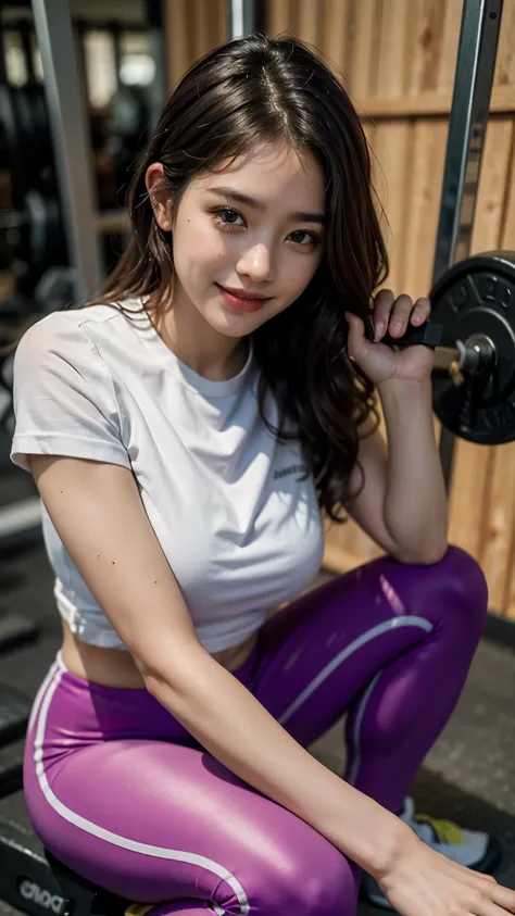 Slender Korean girl, 22 years girl, kpop idol, ((gym uniform with purple t-shirt and pink pant)), ((top quality, 8k, masterpiece: 1.3)), crisp focus: 1.2, beautiful woman with perfect figure: 1.4, highly detailed face and skin texture, detailed eyes, ((ski...