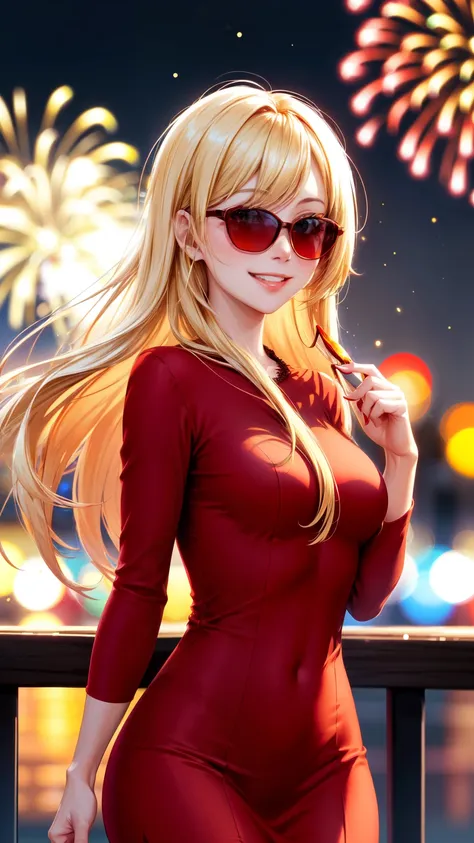 Full HD, Super detailed, high quality, master likes it, Bokeh, woman, 30 years, stockings, red midi dress, compensate, night, fireworks light, seductive smile, Lens flare,long hair,blonde,sunglasses on head