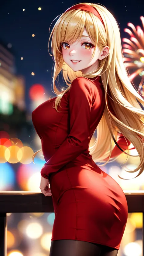 Full HD, Super detailed, high quality, master likes it, Bokeh, woman, 30 years, stockings, red midi dress, compensate, night, fireworks light, seductive smile, Lens flare,long hair,blonde,red headband