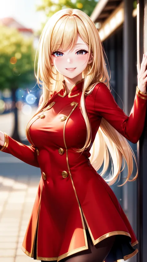 Full HD, Super detailed, high quality, master likes it, Bokeh, woman, 30 years, stockings, red midi dress, compensate, seductive smile, Lens flare,long hair,blonde,winking