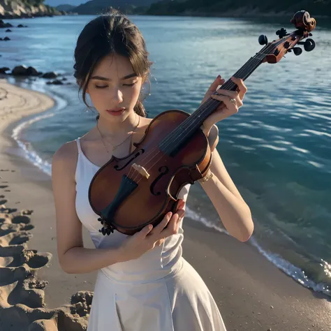 Retrato de una bella chica tocando el violoncelo o violonchelo (tocando el violoncelo) with deep concentration and emotion, (sentada en una silla de madera) en una playa solitaria, iluminada por la luz del sol de medio dia. Ella lleva un hermoso vestido ce...