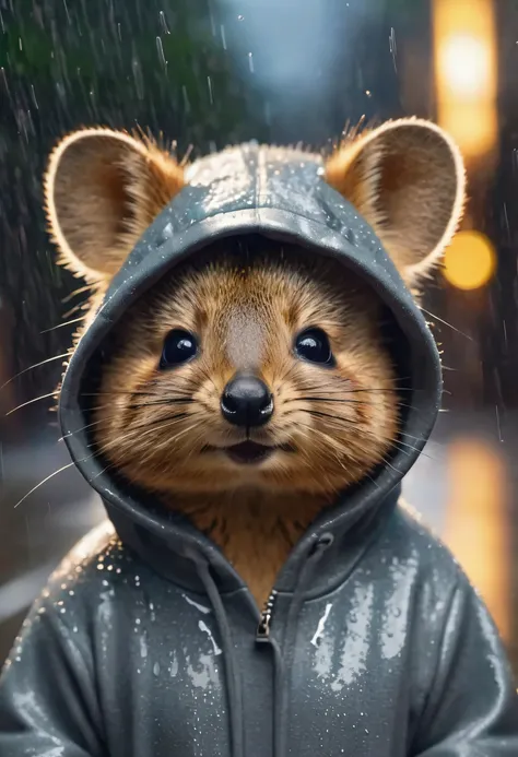 Perfect Centering, cute quokka, I smile a lot, Wear a gray hoodie, wears dark glasses, night, Pouring rain, cheerful, stand pose, Abstract beauty, In the center, facing the camera, getting closer to perfection, Dynamic, This is very detailed, smooth privat...