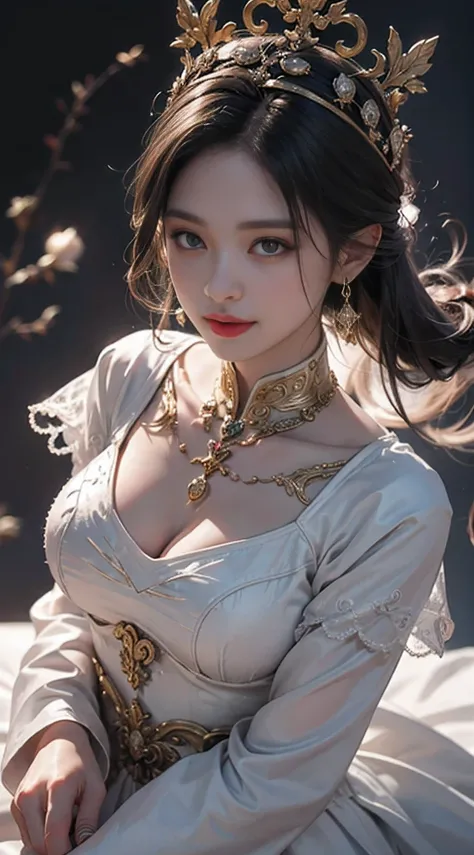 Portrait of a young saint of 20 years old, Saint with a beautiful and super cute face,Wearing a very thin and sexy Ao Dai, Beautiful cute face, There is a deep slit in the chest、Black and white lace trim attractive Ao Dai, Beautiful face without blemish, L...