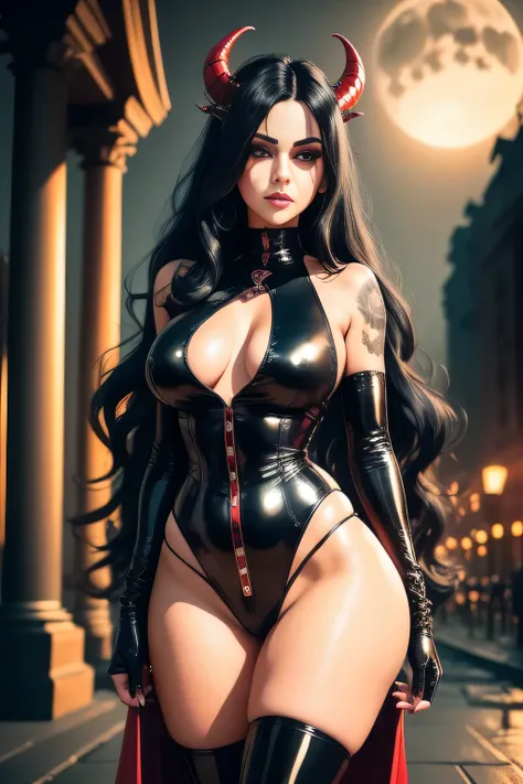 best quality, (RAW photo:1.2), (masterpiece:1.4), (photorealistic:1.4), (highres:1.4), (full body posture)1girl, depth of field, Very beautiful succubus with little red horns, (very long and extremely thick wavy black hair)intricately detailed, 8k, extreme...