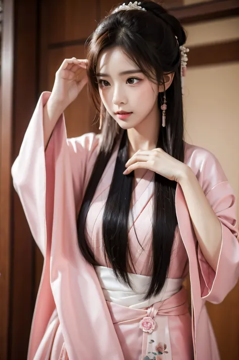 fair, masterpiece, best quality, extremely detailed face,1 girl, alone，wrap your chest，pink hanfu