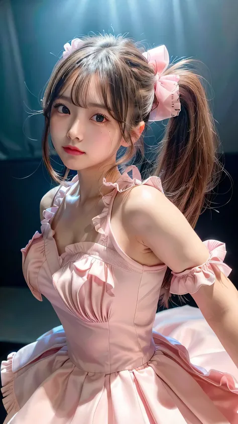 blush,small breasts,14 years old,long hair ponytail,on stage,Are standing,((8K, Raw photo, highest quality, pieces fly:1.2), (reality, realistic:1.4), (Highly detailed 8K wallpaper), written boundary depth, cinematic lighting, soft light, Details beauty ey...