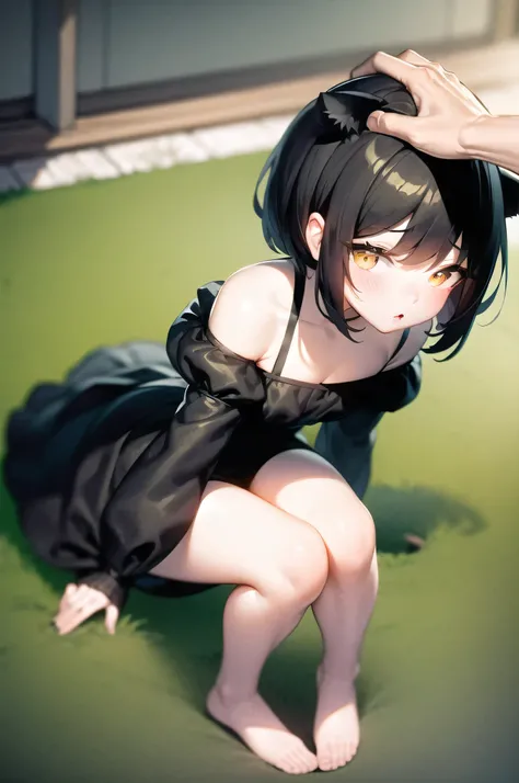 masterpiece, best quality, IncrsHeadpatPOV, headpat, pov, A girl, casual style,  sitting , short black hair, Left bangs, black dress, (with yellow eyes and cat ears),