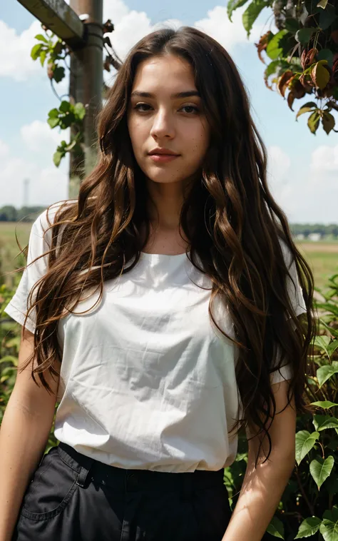 1 woman, wavy long hair, dark brown eyes, nature, plants, sky