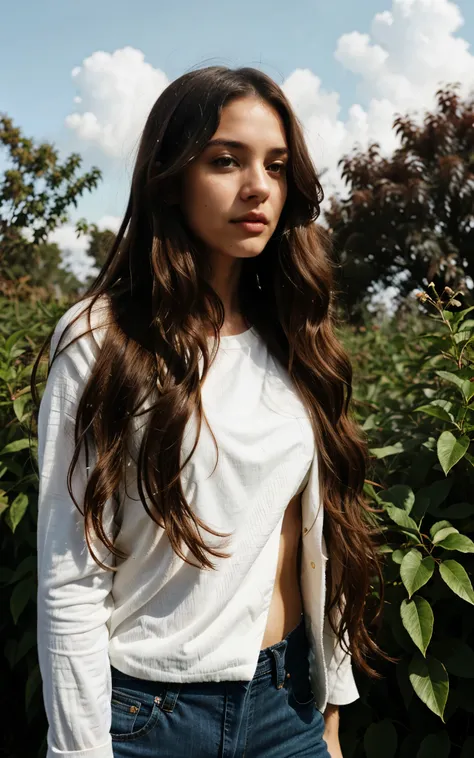 1 woman, wavy long hair, dark brown eyes, nature, plants, sky