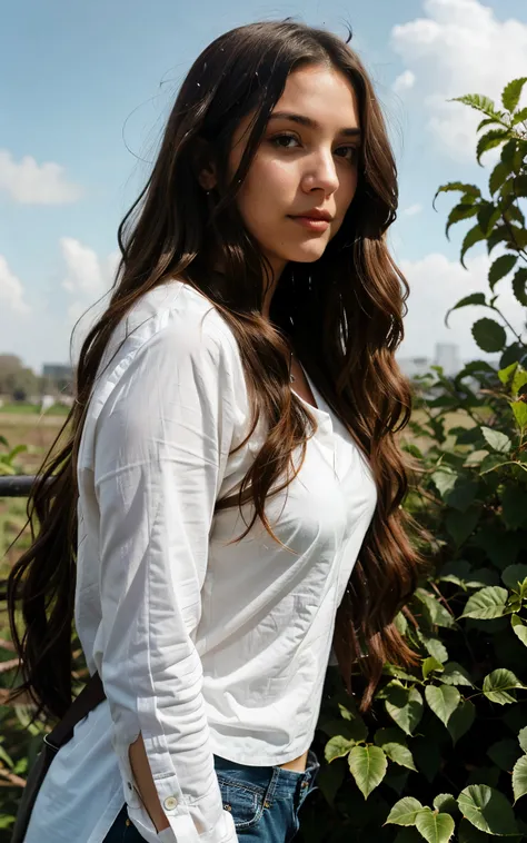 1 woman, wavy long hair, dark brown eyes, nature, plants, sky