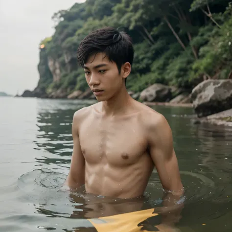 1boy,asian young man,3 days beard,skinny,twink,normal body, in the water ,