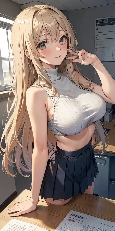 masutepiece, Best Quality,  a 20 yo woman、((Dark blonde long hair))、Detailed background, 耳Nipple Ring、governess, Light beige knitwear, darkblue pleated skirt, soft boob、Puffy nipple、 Blushing, Shy laughter, Bare shoulders, , Slouched、Kamimei、Butt sticking ...