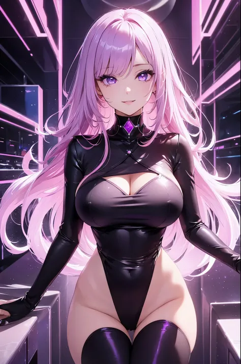 1girl (masterpiece, round_iris, extremely crisp crystalline shiny purple eyes, perfect_anatomy, extremely_captivating_hypnotic_mystic_eyes, ) perfect face, long pink hair, smiling evil, big breasts, wearing a black suite, cocktailbar background, dynamic po...