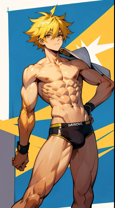 Anime guy about 17 without a shirt With yellow hair Strong, 6 pack abs and strong arms and legs