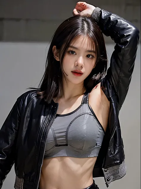 (​masterpiece:1.2), 8k,(ultra-realsitic:1.37), Korean porn actress dancing, (visible left armpit:1.5), face lights, Detailed face, (seductive face:1.5), (a black faux leather jacket:1.5), (grey sports bra under jacket:1.5)