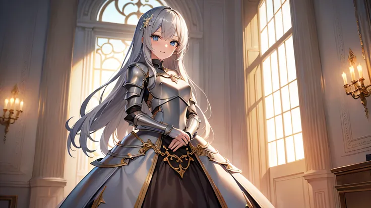 beautiful girl,gray hair,brown thick dress,long hair,gold decoration,girl,gothic,Platinum color,snowflake hair ornament,blue eyes,Thick clothing,saint,iron armor,star ,starの服の装飾,beautiful clothes,Standing picture,whole body,Clothes with decoration,golden c...