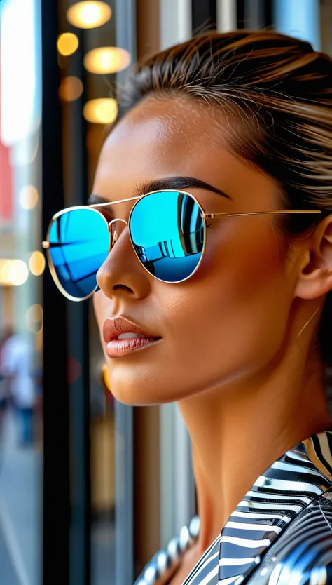 realistic photo, closeup to face, woman standing on the street and looking at her reflection in the window of a store (store window), beautiful and elegantly dressed, mirrored sunglasses, visible reflections of the street in the womans dark mirrored sungla...