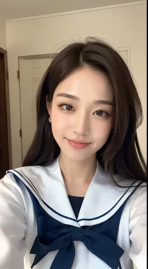 ((highest quality, 8K, masterpiece: 1.3)), 1 girl, The beauty of slim abs: 1.3, (hairstyle casual, big breasts: 1.2), dress: 1.1, super fine face, delicate eyes, double eyelid, smile, Home、sailor suit