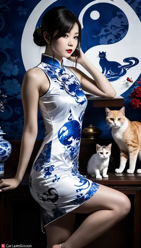 a girl, streaked hair, streaked hair, Blue and white porcelain cheongsam, Black and white yin yang tai chi background, gangster girl, backlight, Deep shadows, cat silhouette light, Cat squats on girl‘s shoulder, Charming suit cheongsam design, minimalist s...