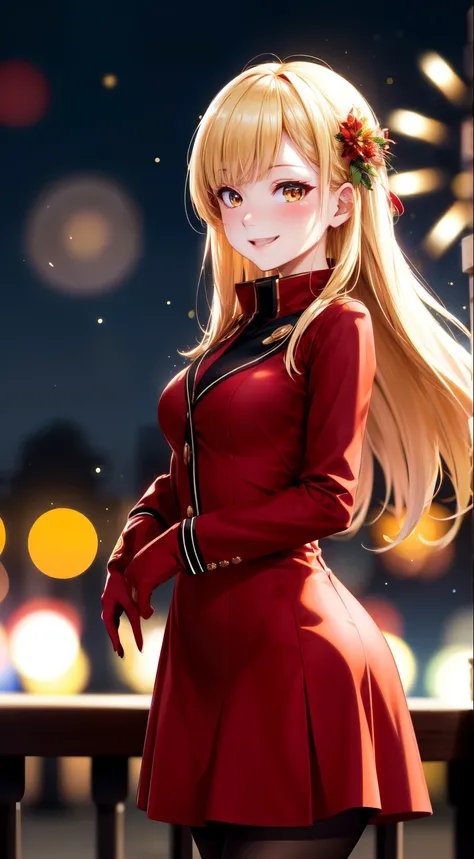 Full HD, Super detailed, high quality, master likes it, Bokeh, woman, 30 years, stockings, red midi dress, compensate, night, fireworks light, seductive smile, Lens flare,long hair,blonde,applause