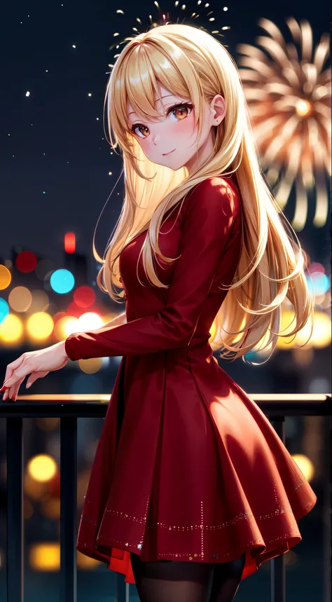 Full HD, Super detailed, high quality, master likes it, Bokeh, woman, 30 years, stockings, red midi dress, compensate, night, fireworks light, Close ~ eyes, Lens flare,long hair,blonde