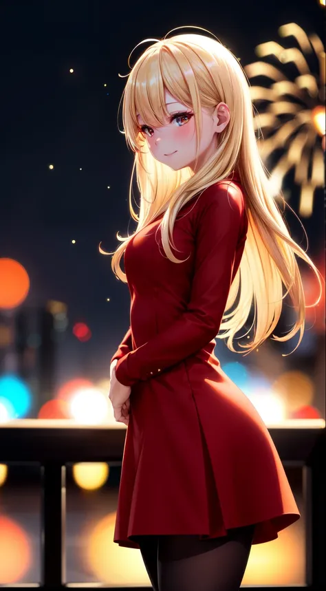 Full HD, Super detailed, high quality, master likes it, Bokeh, woman, 30 years, stockings, red midi dress, compensate, night, fireworks light, Close ~ eyes, Lens flare,long hair,blonde