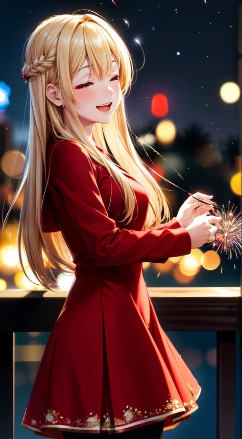 Full HD, Super detailed, high quality, master likes it, Bokeh, woman, 30 years, stockings, red midi dress, compensate, night, fireworks light, close your eyes and laugh, Lens flare,long hair,blonde