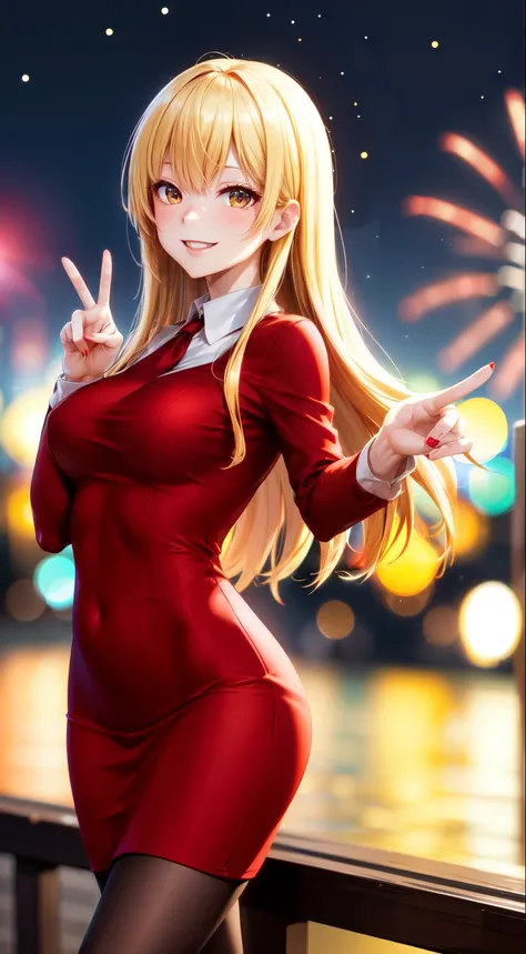 Full HD, Super detailed, high quality, master likes it, Bokeh, woman, 30 years, stockings, red midi dress, compensate, night, fireworks light, seductive smile, Lens flare,long hair,blonde,peace sign