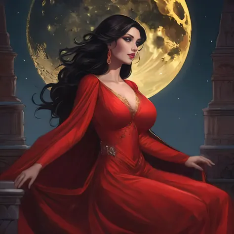 a woman in a red dress sitting on a ledge with a full moon behind her, charlie bowater rich deep colors, ((PERFECT EYES)), ((Big Breasts)), ((HUGE Breasts)), ((PERFECT HANDS)), inspired by Magali Villeneuve, carmilla vampire, style of charlie bowater, in s...