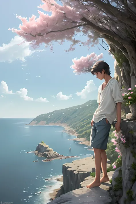 Create a serene scene of a teenage boy standing barefoot on a rocky outcrop overlooking a tranquil bay. Around him, colorful blossoms sway gently in the salty breeze, their fragrant scent mingling with the sea air. As he leans against a weathered wooden ra...