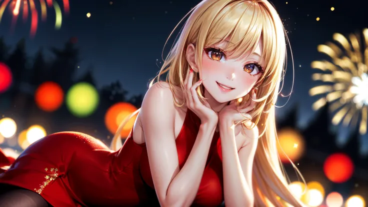 Full HD, Super detailed, high quality, master likes it, Bokeh, woman, 30 years, stockings, red midi dress, compensate, night, fireworks light, seductive smile, Lens flare,long hair,blonde,lying