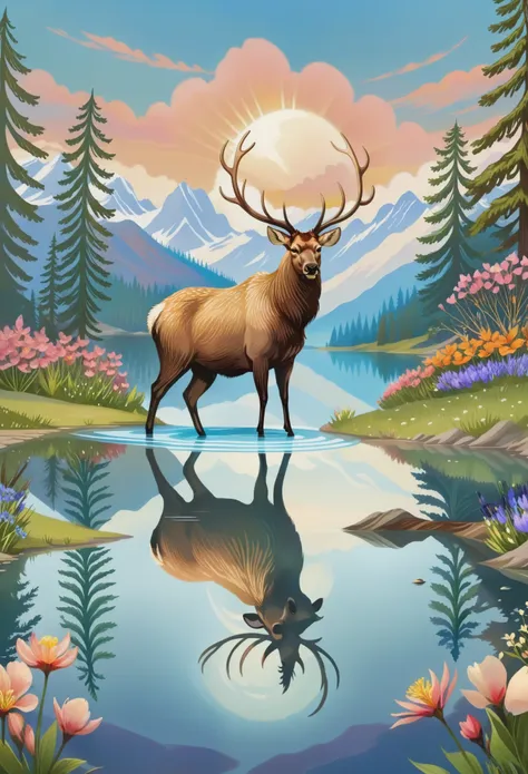 spring，flowers in bloom，beautiful scenery，elk by the lake，reflection in water，symmetrical composition online