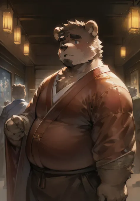 masterpiece, best quality, 8K resolution, Very detailed, depth of field, male, (fat man), ((hairy)), thick eyebrows, short eyebrows, (bear ears), moody lighting, Volumetric lighting, movie lighting, in a spring, museum, planetarium, ((japanese clothes))