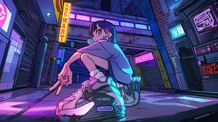 uma imagem de desenho animado de uma pessoa ajoelhada na rua com um par de sapatos, 8 0 s anime vibe, estilo de arte cyberpunk, Estilo anime dos anos 90, Estilo de anime dos anos 90, inspirado em Liam Wong, cyberpunk digital - arte de anime, arte digital a...