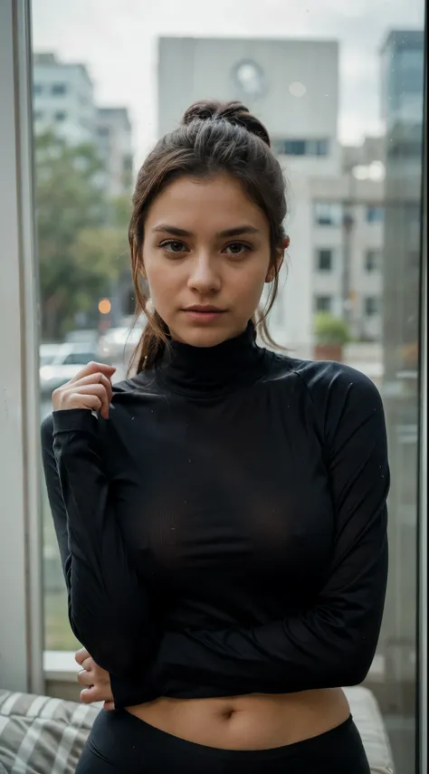 one beautiful woman, rebel, oval face, senseful lips, big brown eyes, 30 years old, slim sporty body, middle size breast, leaning back on a sofa, full body, half-side view, wearing tights and oversize sweatshirt, long dark brown hair, clothes are whole and...