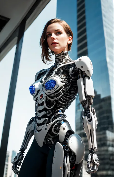 The intimate relationship of a male cyborg and a female cyborg in a skyscraper office in a big city, high quality, best quality, absurdres, masterpiece, beautiful, intricate details, 1/2 body crop, slim body, beautiful figure, magnificent anatomy, (intrica...